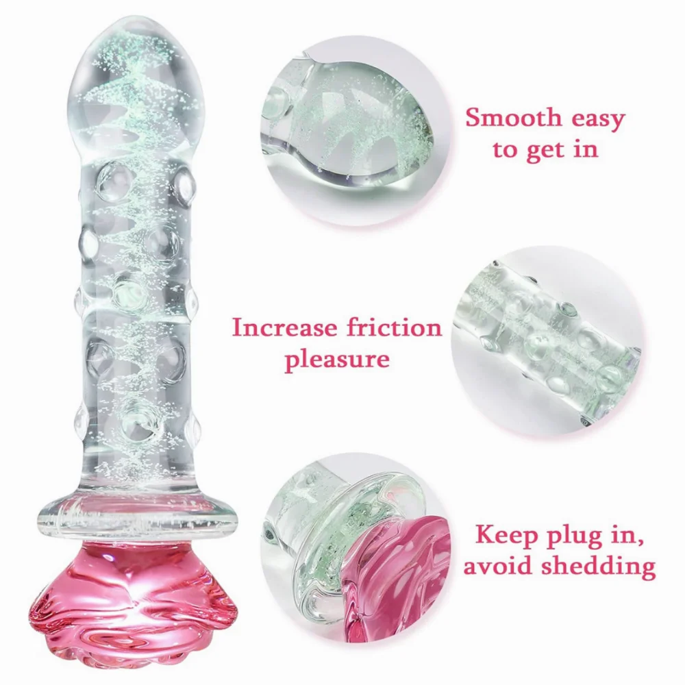 Erotic Rose Glass Dildo Huge Anal Beads Balls Butt Plug for Women Men Pink Rose Glass Penis Anal Plug Sex Tool glow-in-the-dark