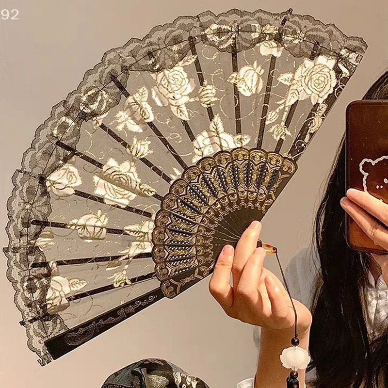 Éventails décoratifs en dentelle, éventail à main pliable, noir et blanc, pour danse, fête de mariage, spectacle sur scène, cadeaux pour invités