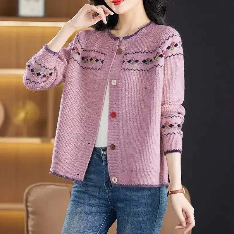 

Women High Street Casual Button Cardigan Jacquard Weave Vintage Tops Spring Autumn New Round Neck Long Sleeve Fashion Sweater