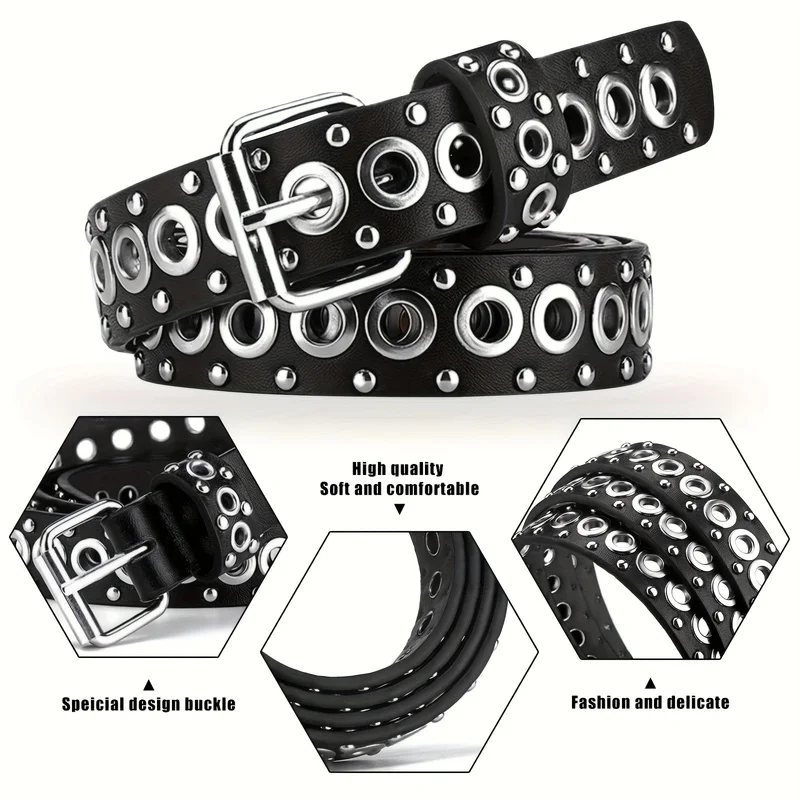Punk-Style Rivet Belt with Hollow Eyelets, Fashionable and Versatile, Suitable for Both Men and Women, Jeans Belt