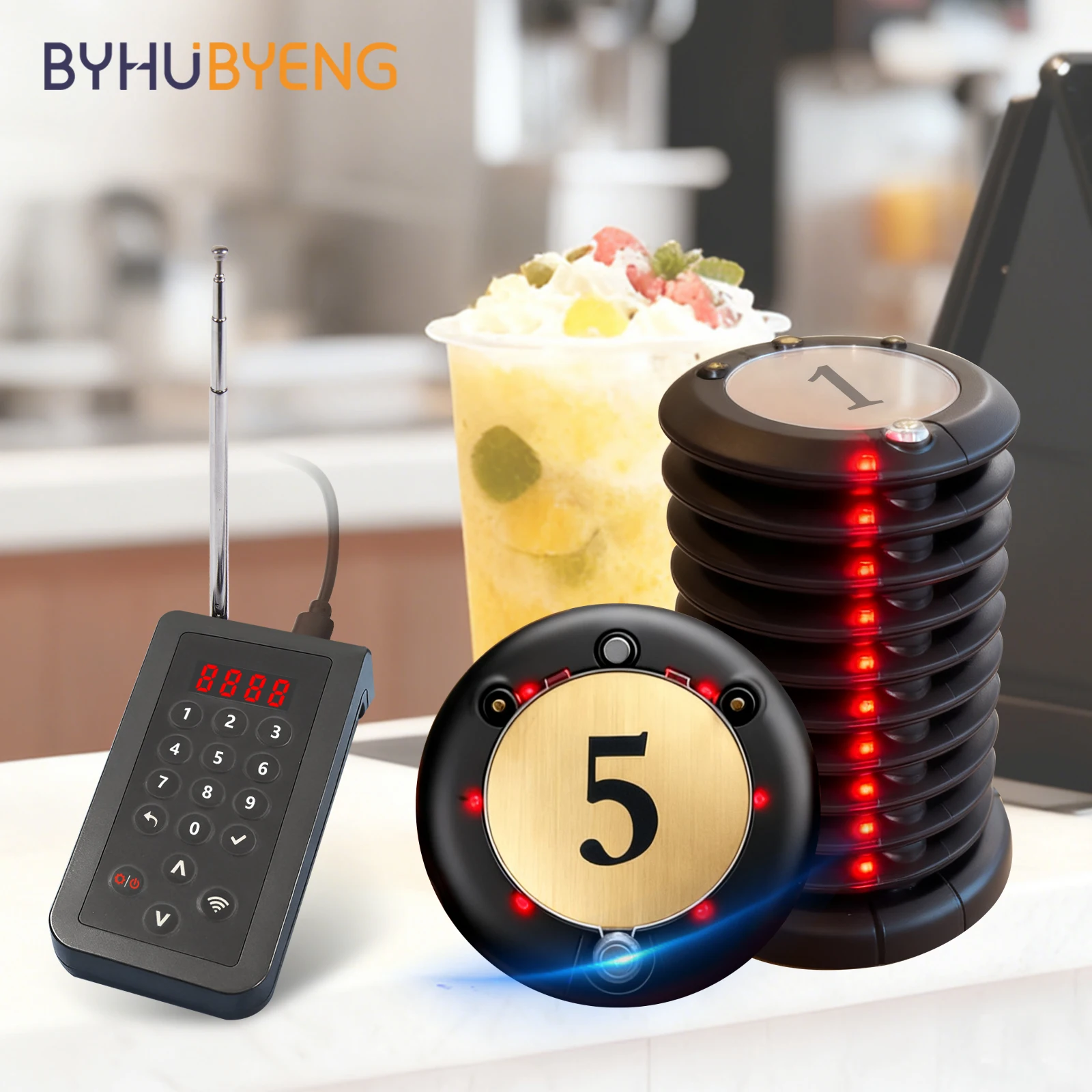 Wireless Restaurant Paging System Coaster Pager Vibrating Buzzer Receiver with Transmitter & Charging Station for Cafe