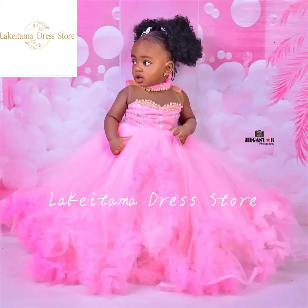 Vestidos de flores con perlas rosas para niña, vestido de baile con volantes para bebé, vestido de primera comunión, vestidos de sesión de fotos de