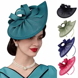 Bowknot Decor Elegant Fascinator Hat With Hair Hoop Bridal Headwear Retro Imitation Flax Bridal Pillbox Hat Hair Accessories