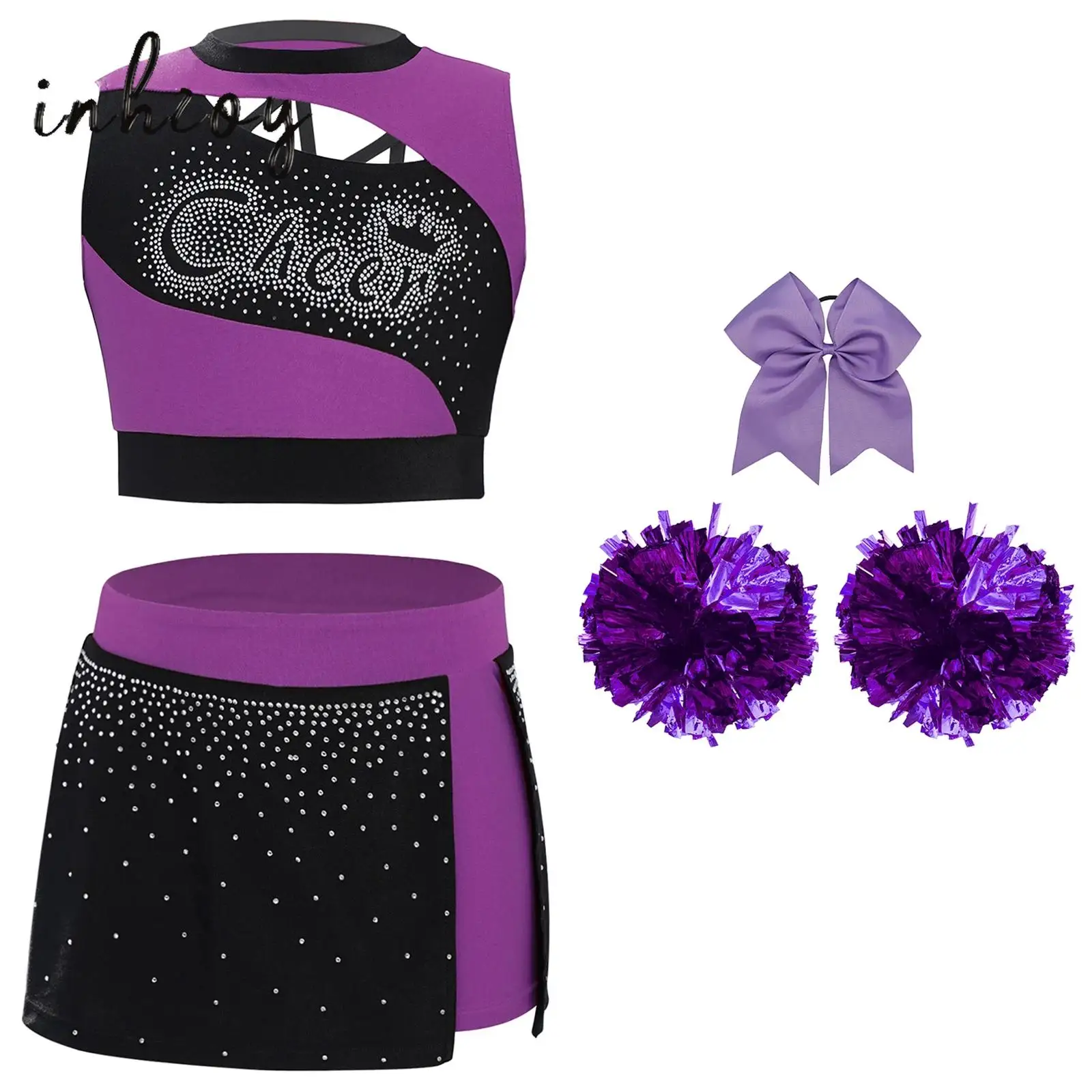 

Kids Girls Cheerleading Uniform Shiny Rhinestones Sleeveless Cutout Crop Top+Side Slit Skirt+Headwear+Flower Balls Streetwear