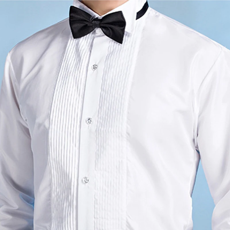 Men White Wedding Shirt With Bowtie Long Sleeves Front Pleated Mens Banquet Dress Shirts Bridegroom