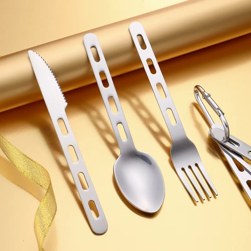 

New Camping Tableware 430 Stainless Steel Tableware Set Picnic Knife Hollow Camping Knife Fork