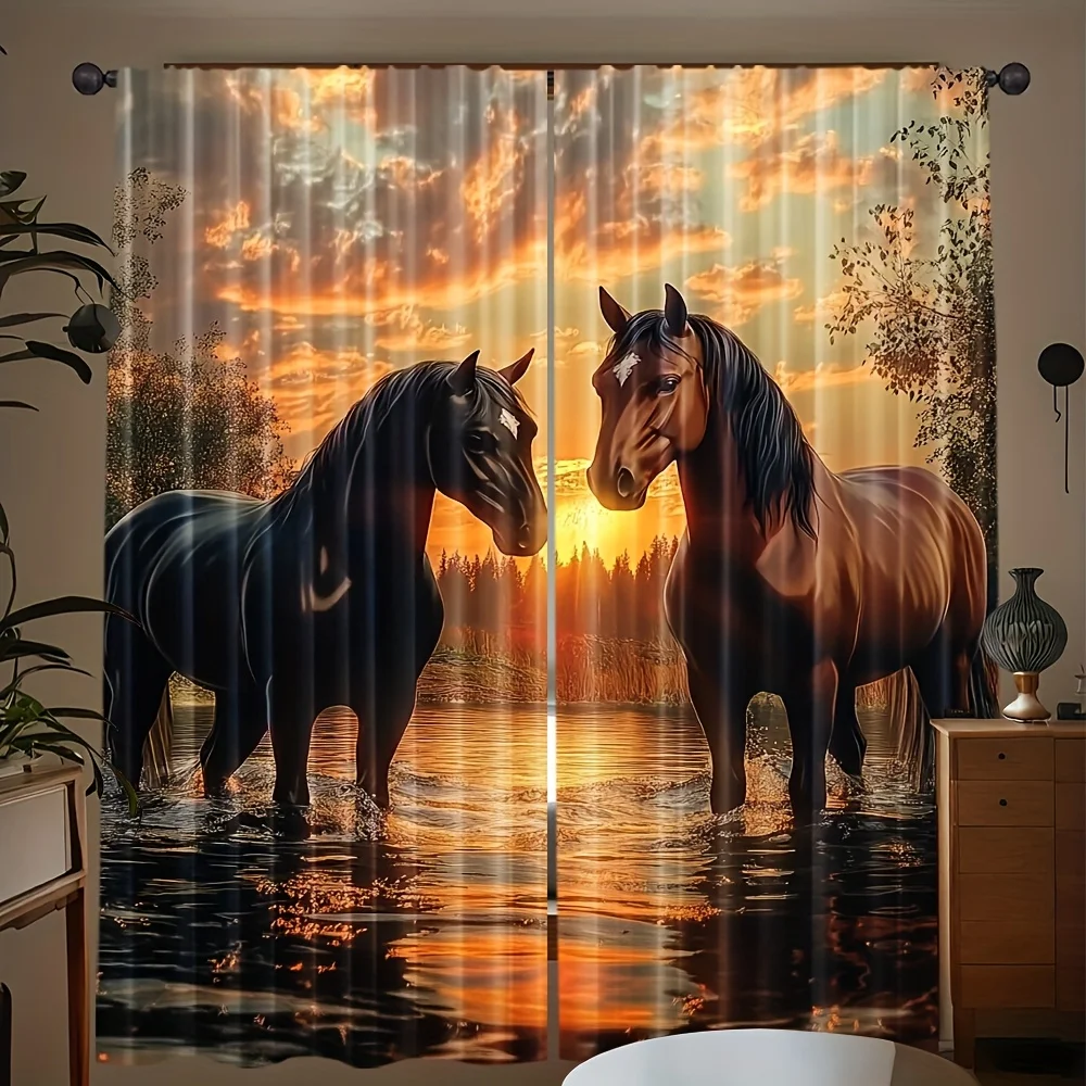 Sunset by the River Mahua Print Drapes Room Darkening Window Curtains for Home Decor,Rod Pocket Blackout Curtains Bedroom