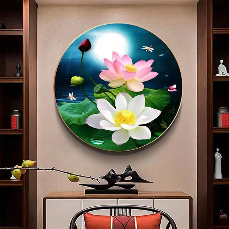 Handmade cross stitch finished lotus pond, moonlight, lotus flower, lotus rhyme, circular full embroidery, new Chinese style