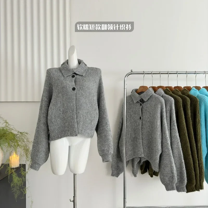 

Korean Fashion Autumn New Women Tops Knitted Cardigans Casual Lapel Collar Long Sleeve Single Breasted Loose Knitting Cardigan