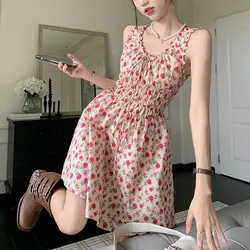 Hotsweet Broken Flowers Mini Dress Women's Clothing Folds Sleeveless Fashion Shirring Drawstring Summer New A-Line Waist Dresses