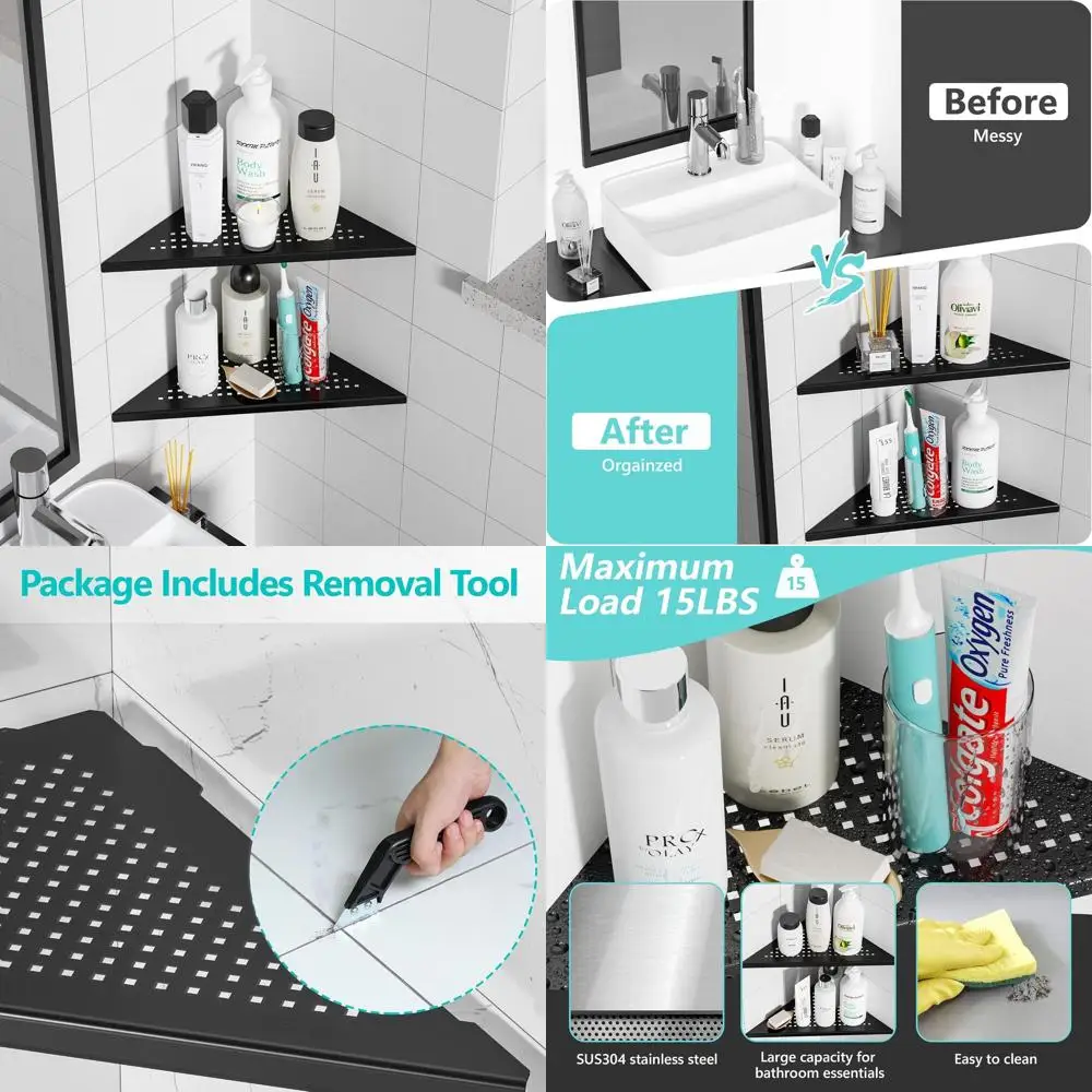 

12, угловая полка для душа из нержавеющей стали, настенное крепление, матовый черный, сверление не требуется