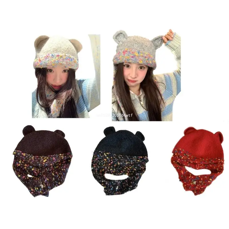 

Bear Ear Knitted Hat for Girl Skiing Cycling Warm Winter Earflaps Hat Dropship