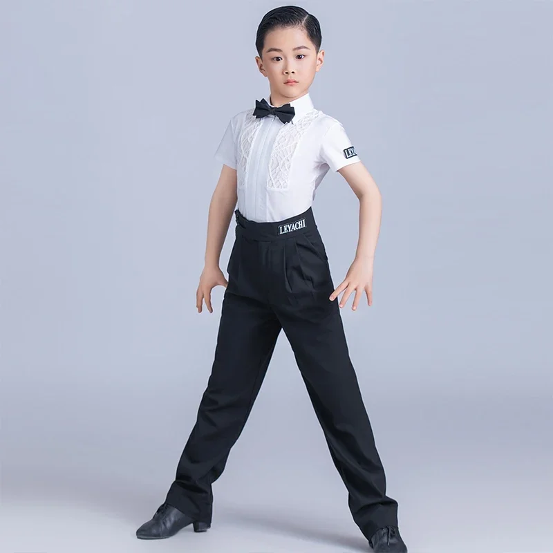 Children Latin Dance Training Costume Boy's Samba Tango Dancing Clothes Cha Cha Waltz Dancer Short Sleeves Tops Pnats Set VBH937