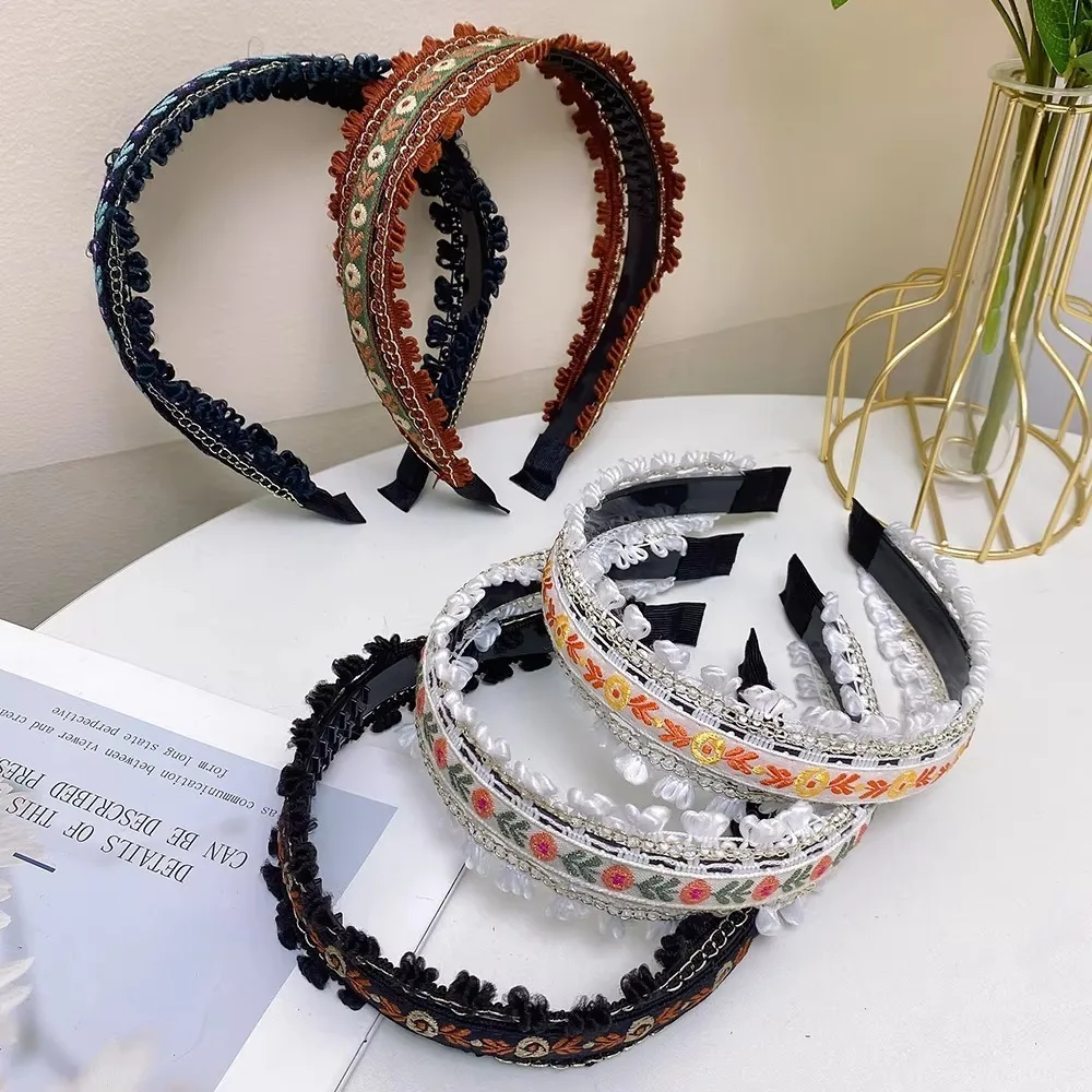 

Elegant Boho Embroidery Headband Retro Style Wide Head Hoop Headdress Women Girls