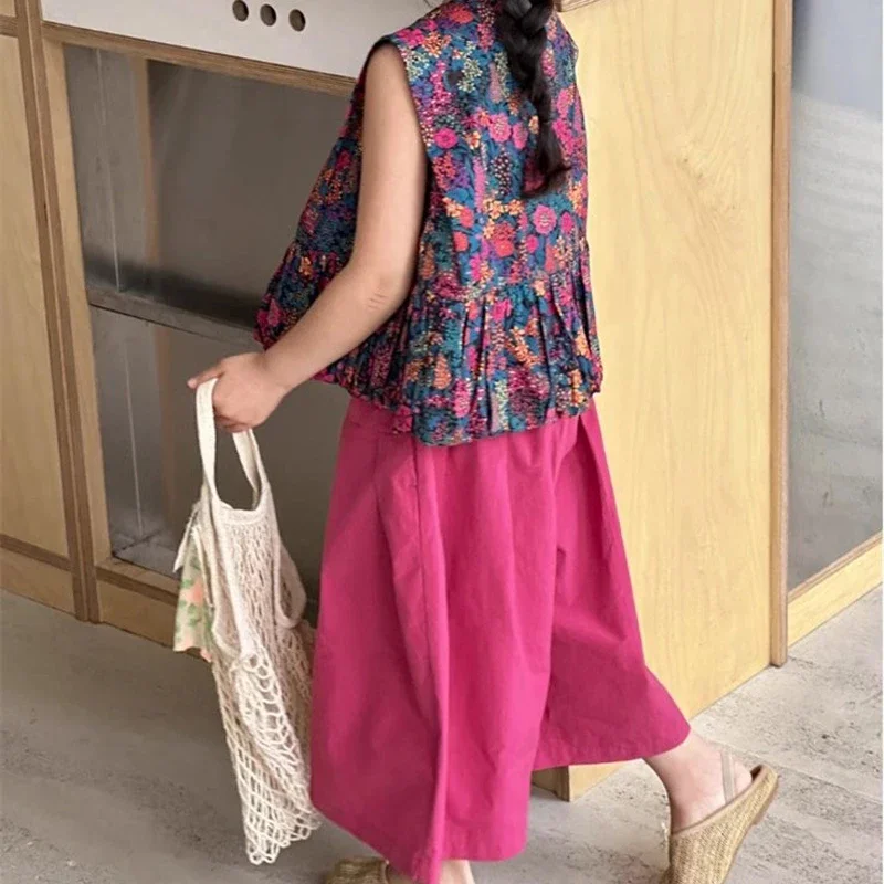 Girls\' Fashion Set 2024 New Children\'s Summer Clothing Suit Little Girl Summer Sleeveless Tank Top+Wide Leg Pants Kids Sets