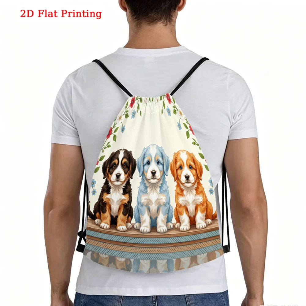 Three Cute Puppies On Wood Drawstring Backpack, Travel Shoe Bag, Fitness Sports Backpack, Travel Outdoor Drawstring Bag