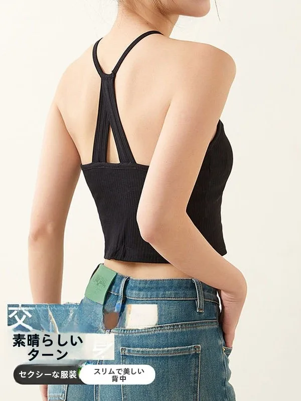 Yoga Strap Vest Women's Inner Wear with Chest Pad Beautiful Back Bra Integrated Half Practice Base Layer Outerwear Backless N...