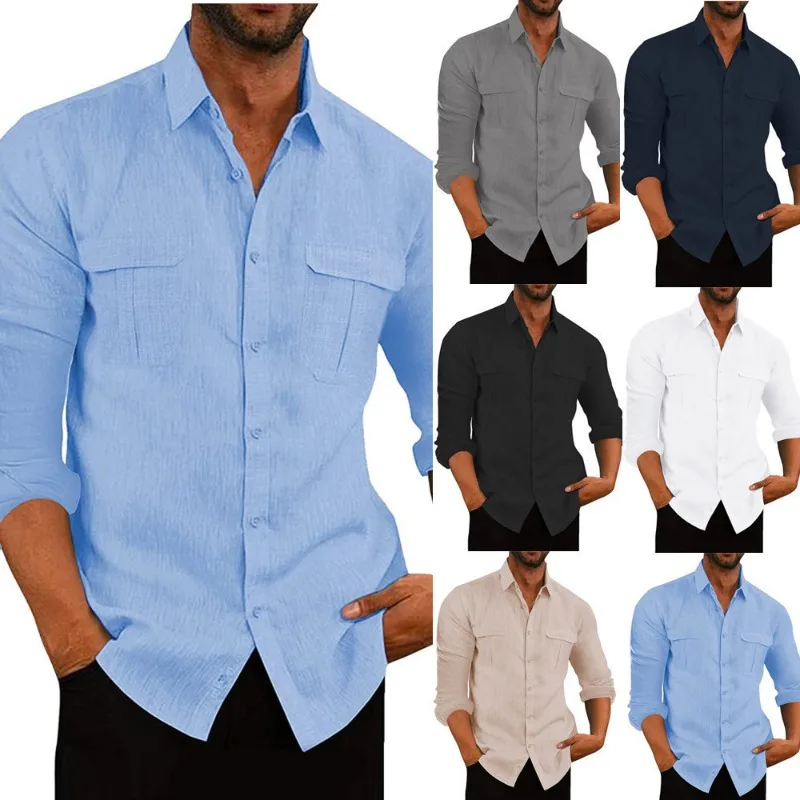 

Foreign Trade Men's Shirt 2024 New Shirt Solid Color Casual Lapel Long Sleeved Pocket Bottom Shirt in Stock