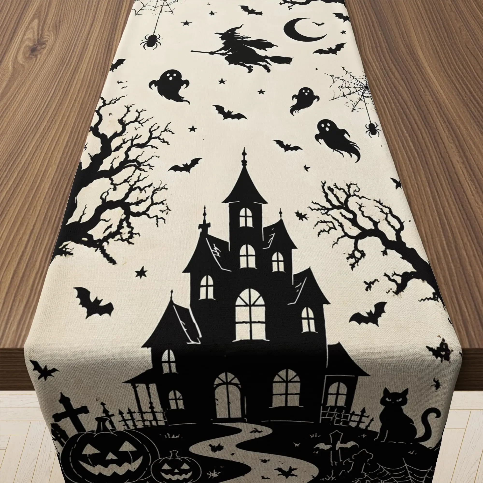 Halloween Table Runner, Spooky Haunted House Pumpkin Black Cat Bat Spider Web Table Decor, Holiday Party Dining Table Decoration