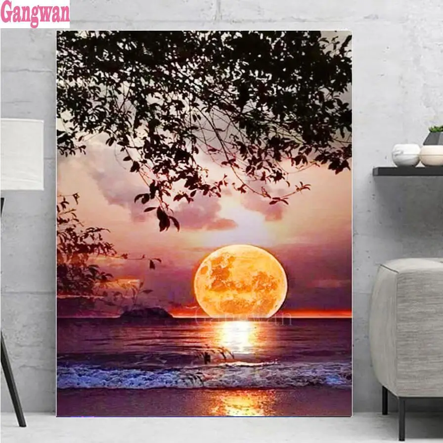 5 d DIY Diamond Painting moon night lake tree landscape Diamond mosaic Full Drill Square round Picture Of Rhinestone Embroidery