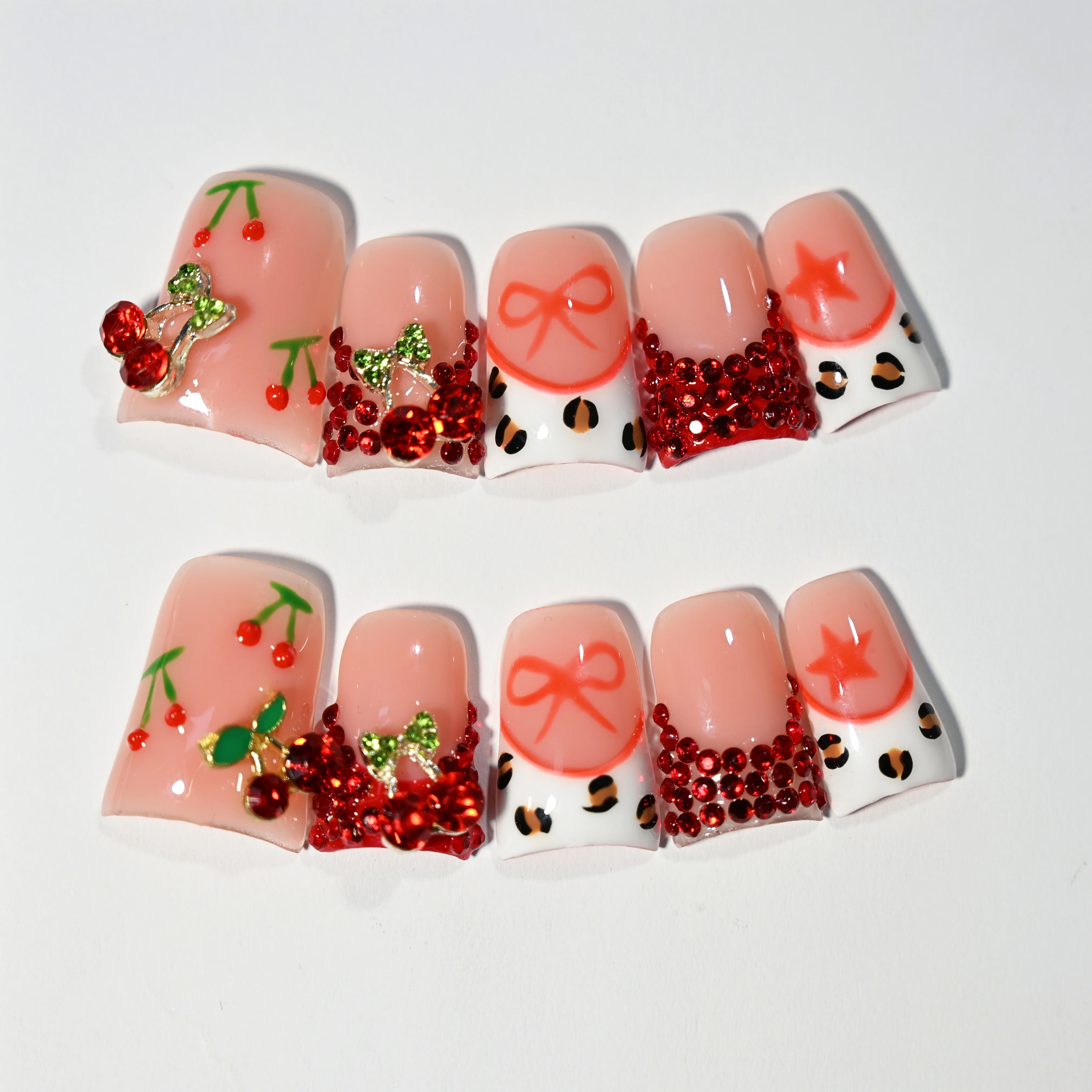 اليدوية الحلو منفعل الكرز الأحمر الصحافة على الأظافر القوس حجر الراين ليوبارد طباعة كتلة اللون الأظافر القابلة لإعادة الاستخدام #1