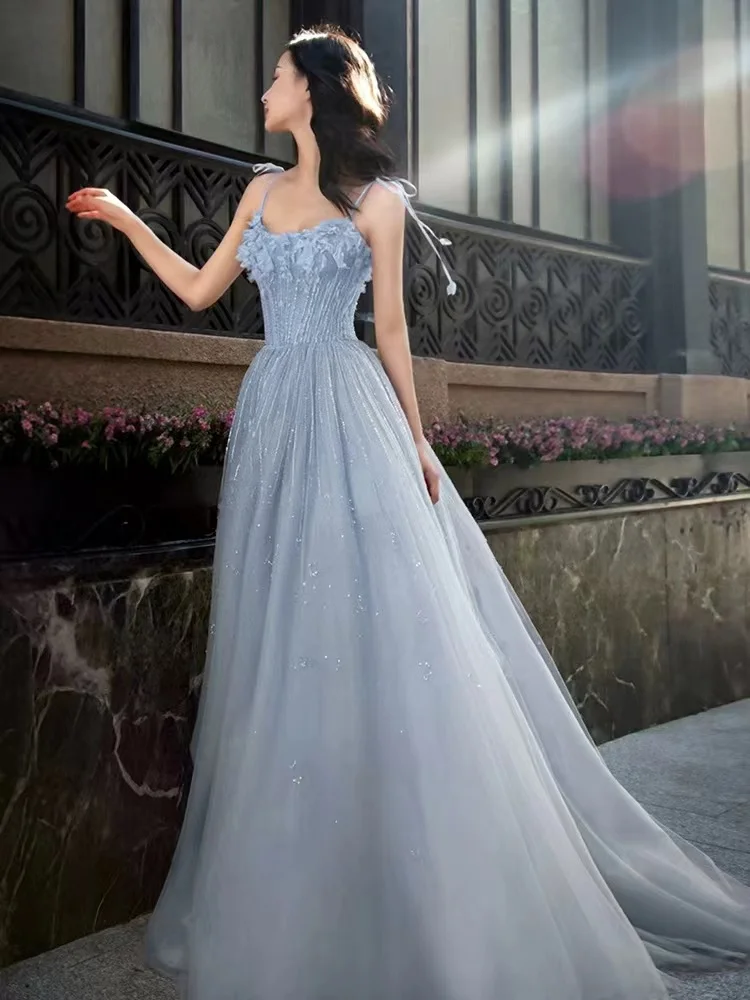 

Summer Women's Blue Evening Dress Spaghetti Strap Sequin Lace Shoulder Clip Formal Dresses Shiny Blingbling Dream Ball Gown