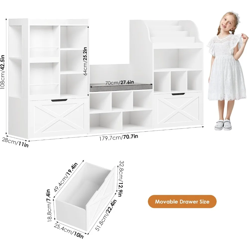 Kids Bookshelf with Reading Nook, Toy Organizer with Seat Bench, Storage Shelf for Playroom
