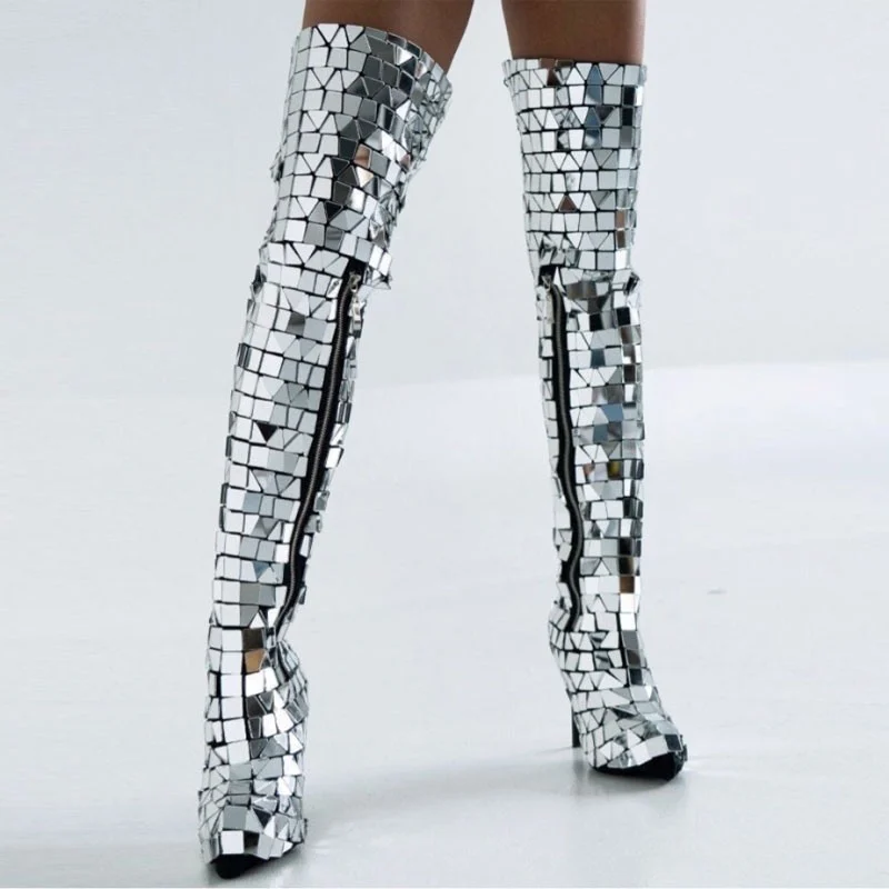 Singer DS Accessories Glitter Mirrors Shoes Cover Women Stage Performance Costume Over Knee Boots Cover Nightclub Gogo Dancer