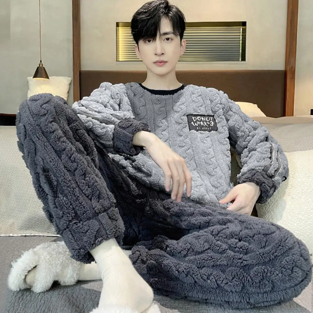 2024 Men Coral Fleece Pajamas Set Autumn Winter Sleepwear Pants Two-piece Set Plush Fleece Thickened Fleece Warm Home Suit Set