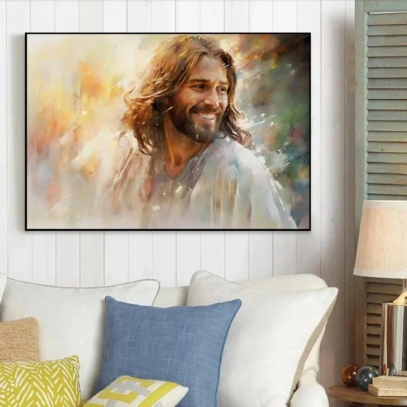 Canvas Painting Wall Art Pictures Retro Watercolor Laughing Jesus Christ's Religious Poster and Prints Home Decor Gift