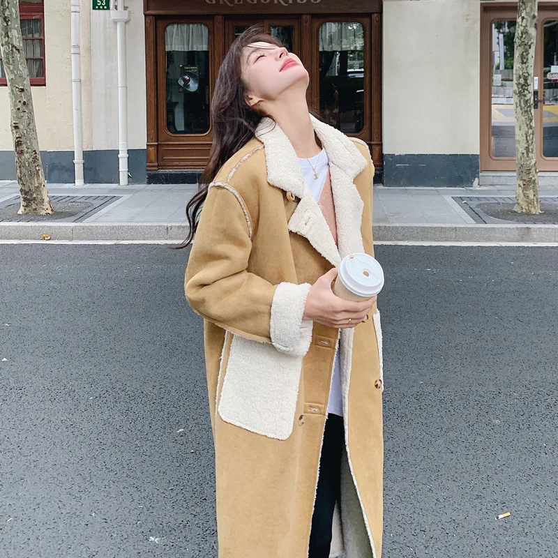 

2025 New Winter Women Lamb Wool Blend Trench Coat Reversible Faux Fur Collar Jacket