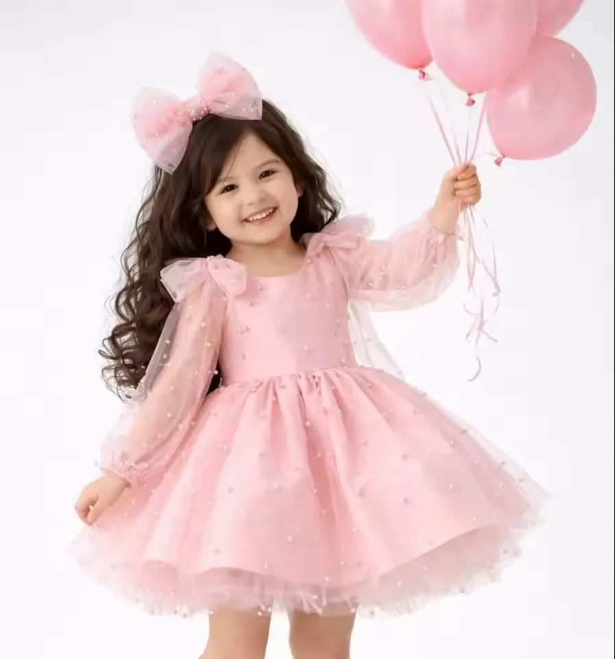 Pink Mommy and Me Tutu Dress with Pearls Mother Daughter Matching Birthday Dresses for Photoshoot Family Matching Gown Outfit
