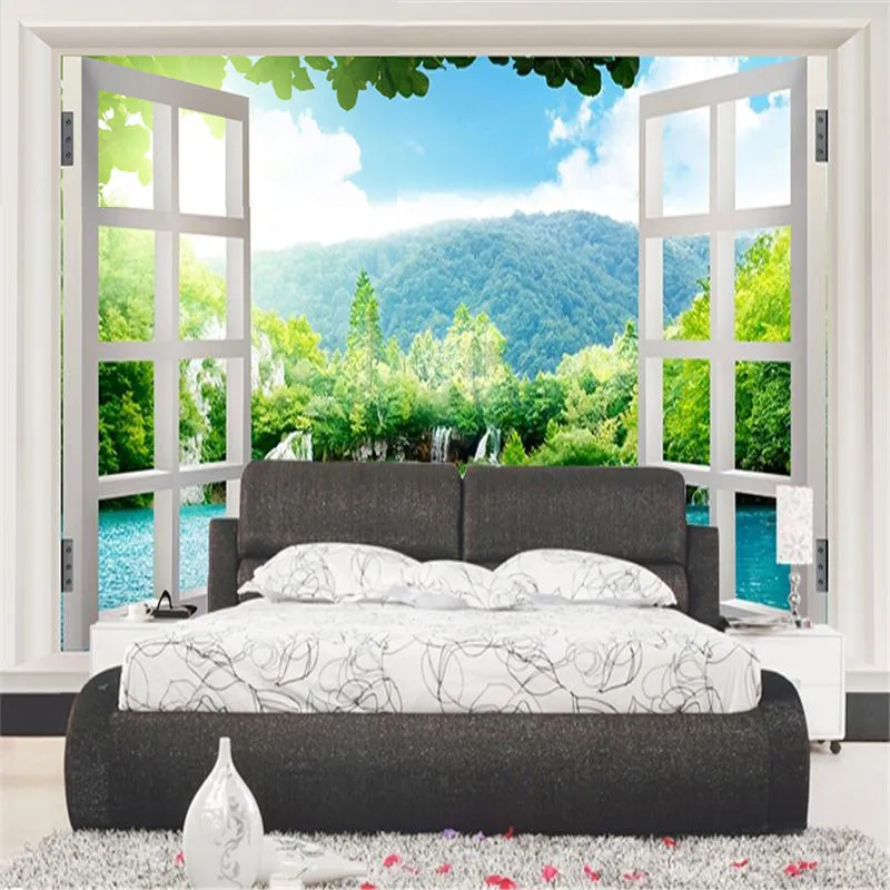 Custom 3D Muurschildering Behang Venster 3D Watervallen Forest View Art Mural Living Slaapkamer Hal Kinderkamer Foto Behang