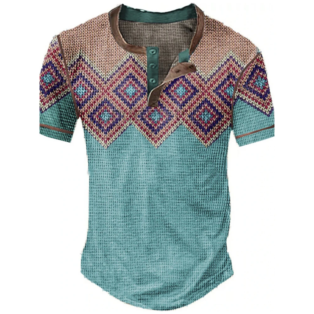 Farbblock-Patchwork Grafik 3D-Druck Henley-Shirts Herren Vintage Mode Übergroße Kurzarm T-Shirts Männer Oberteile Kleidung – Detail 18