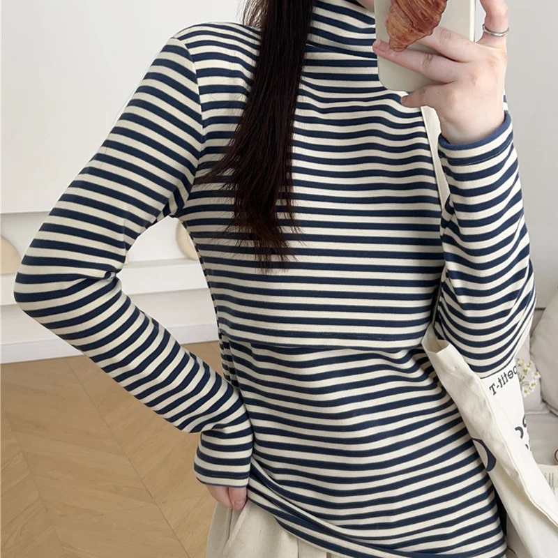 

Pregnant Women's Clothes High Neck Lactation Wear Postpartum Breastfeeding Sleeping Care Sweatshirt Striped Maternity Tops