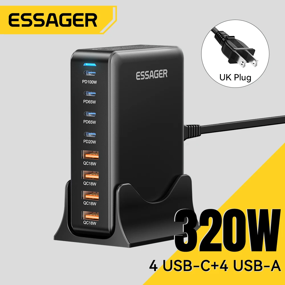 

Essager 320W GaN Fast Desktop 8-port USB Type C PD Charger Fast Charge for iPhone 16 15 14 13 Huawei Samsung Xiaomi Laptop iPad