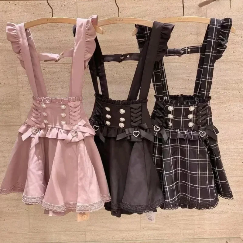 Sweet Cute Lace A-Line Mini Skirts Women Gothic Lolita Ribbon Short Suspender Plaid Skirt Summer 2025 Solid Kawaii Japanese