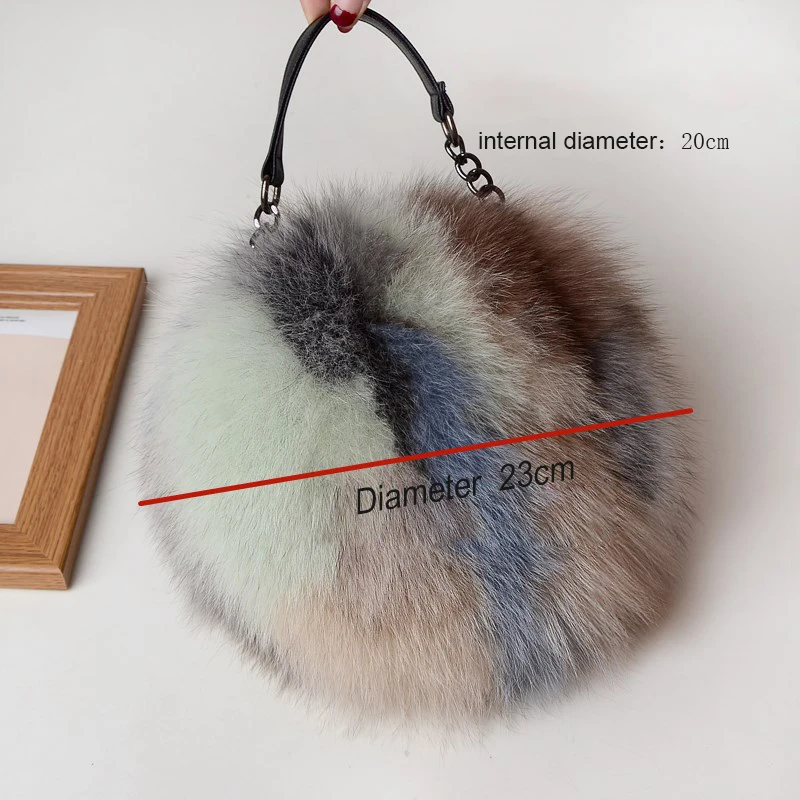 Women Winter Real Fox Fur Hand bag  Cute Girls Multi Color Luxury Genuine Fur Tote Bag Ladies Small Round Bags