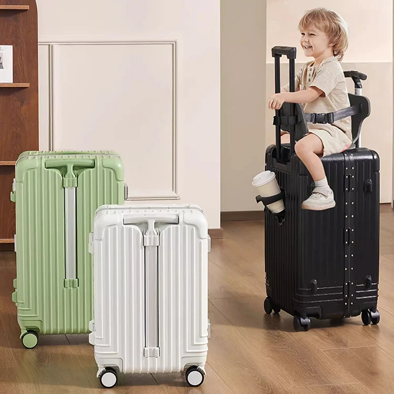 Suitcase Children Can Sit and Ride Luggage with USB Cup Holder Trolley Case Baby Mother Lazy Walking Travel Wheeled Suitcases