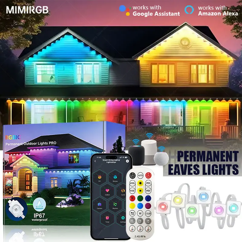 45M 90LED 영구 설치형 스마트 야외 RGBIC LED 조명 (리모컨 포함, 집 전체 마당 조명, 파티, 크리스마스, 휴일 장식용)