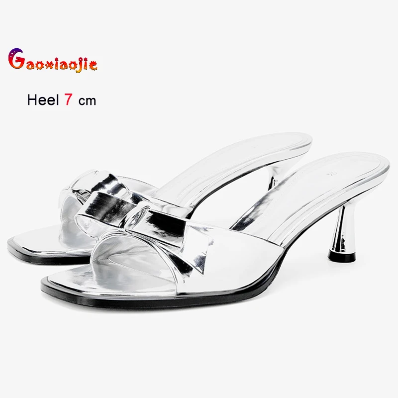 

2025 New Sexy Silver Butterfly Knot High Heels 7cm Women's Shoes Square Head Ladies Pumps Straight Strap Slippers Casual Shoes