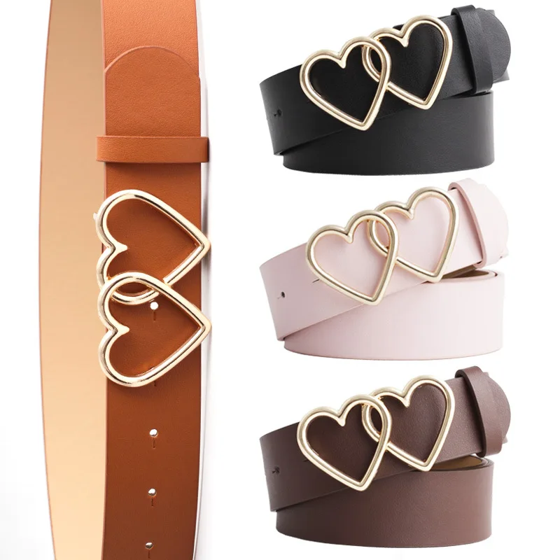 

European and American Fashion Double Heart Snap Buckle Belt Fashion Plain Color Student Decoration Casual Women's Waist Belt
