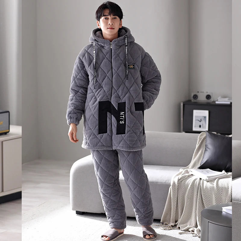 Men\'s Pajamas Set Winter Thick Warm Flannel Sleepwear 3 Layer Clip Cotton Hooded Pajamas Set