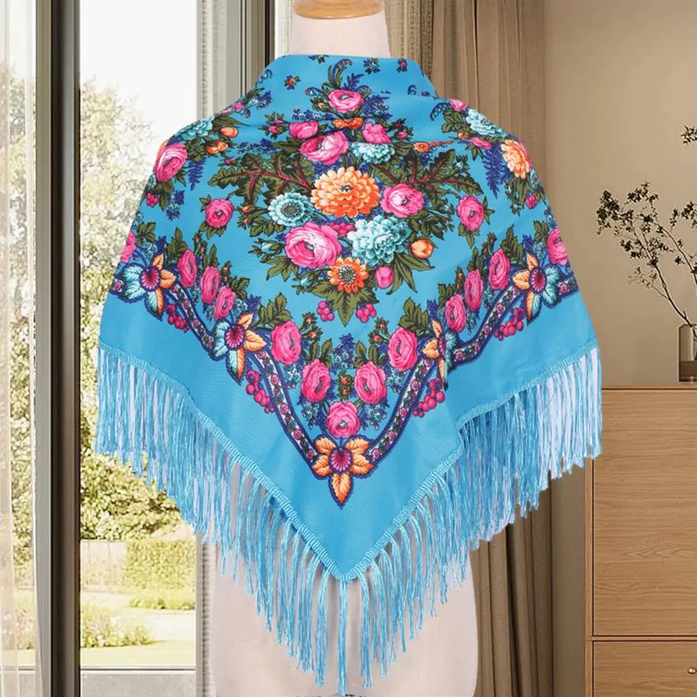 Russian Style Floral Print Square Scarf Women Ethnic Fringed Bandana Shawl Babushka Handkerchief Female Blanket Head Wraps