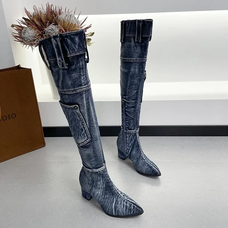 Sexy Jean Boots Women\'s Knee-High Boot Zipper 6CM High Heel Woman Stylish Jeans Boots Ladies Denim Boot Female Shoes Cowboy