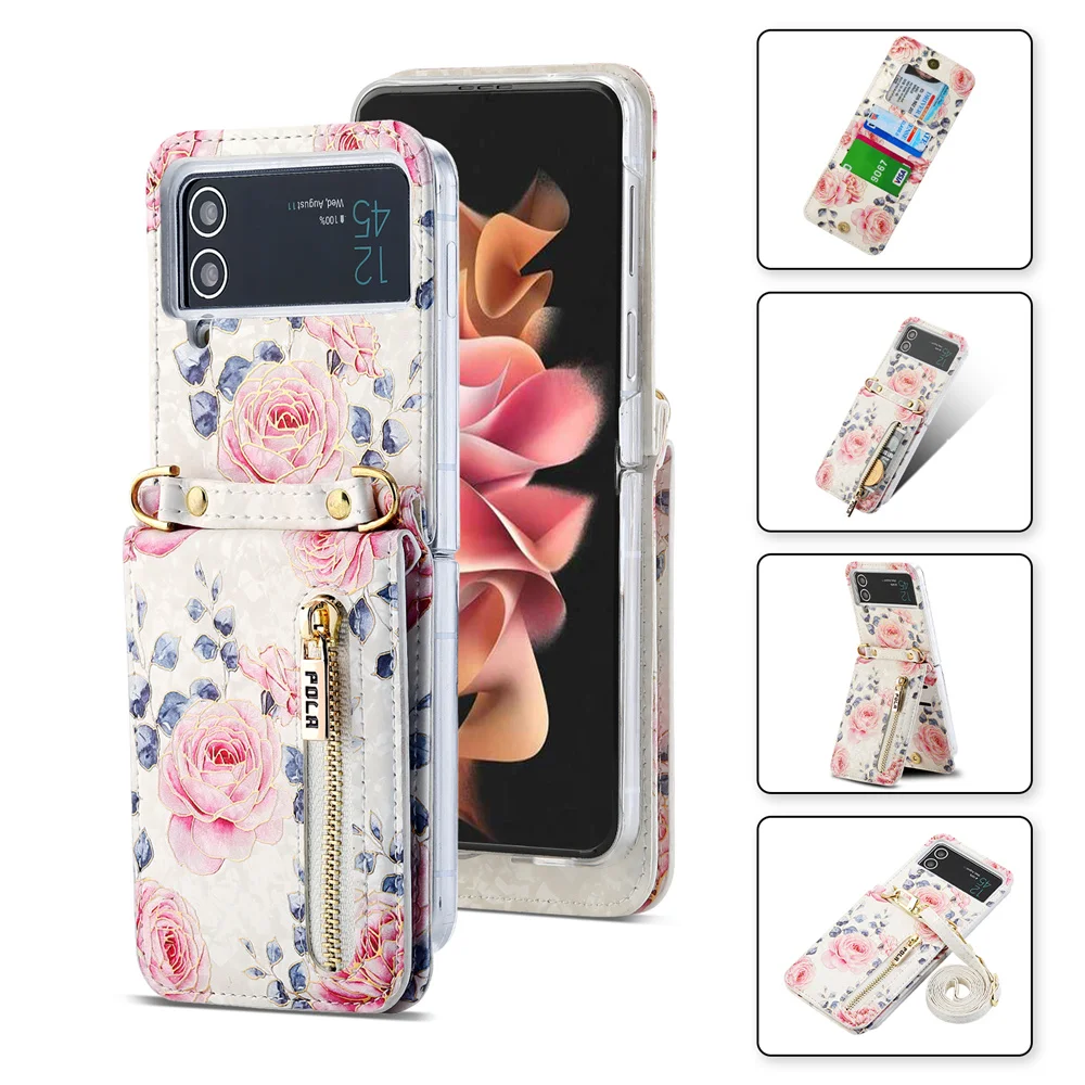 

Crossbody Phone Case for Samsung Galaxy Z Flip 5 4 3 5G Flip4 Flip5 Retro Rose Cards Slot Shockproof Leather Cover with Lanyard