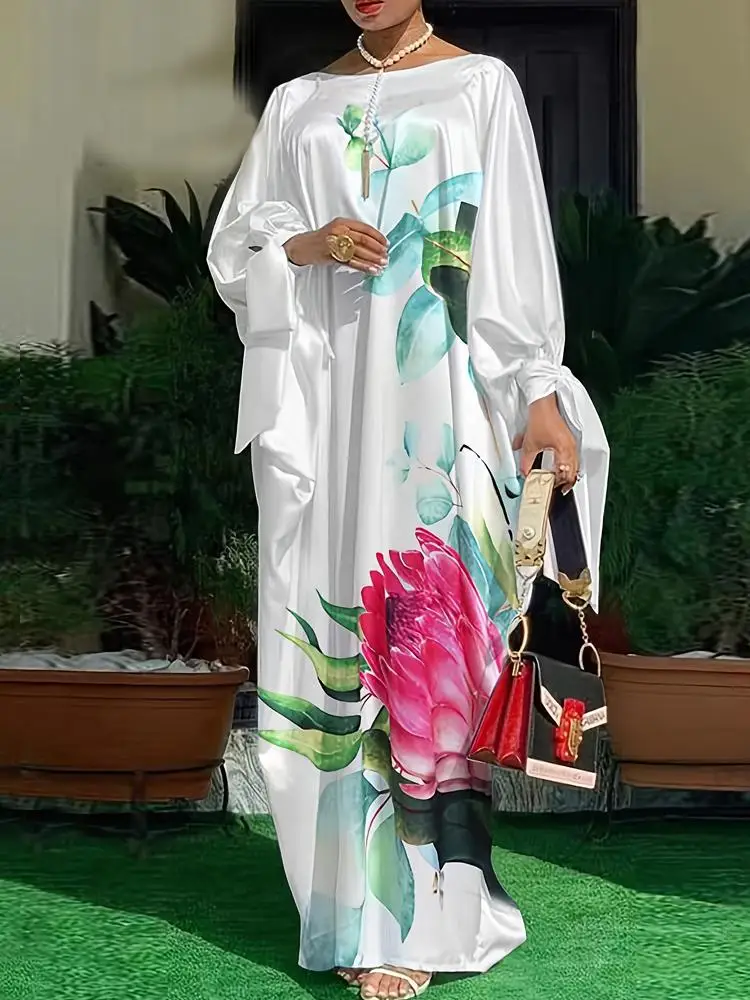 Grande taille soie imprimé Par Dr Ele rican Robe longue Satin Robe de soirée femmes Faion été a-ligne Midi Dr