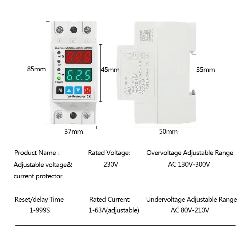 Dual Power Circuit Breaker Din Rail 63A Adjustable Over and Under Voltage Protection Smart Current Limit Surge Protector Relay