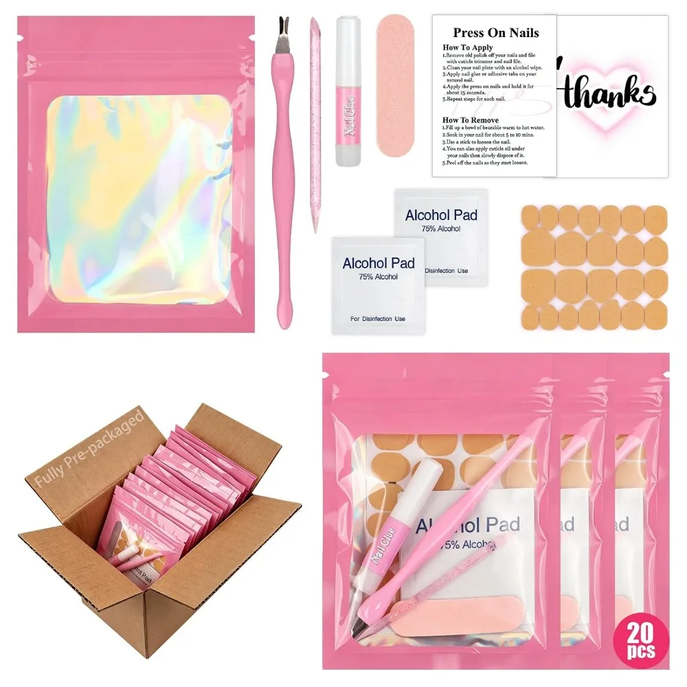 Kit de Preparación de Uñas Postizas Preempaquetadas de 20 Piezas con Empujador de Cutículas, Pegamento para Uñas, Almohadillas de Pegamento en Gel, Lima de Uñas, Varita Aplicadora, Tarjeta para Uñas Postizas, Suministros de Manicura para Principiantes y Uso Doméstico