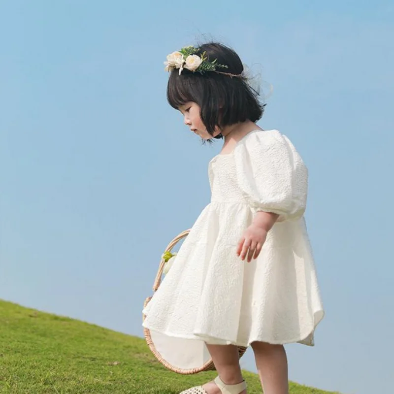 New Style Children's First Birthday Dress2025Spring Stylish Puff Sleeve Princess Dress White Fairy Children's Formal Dress Whole 4